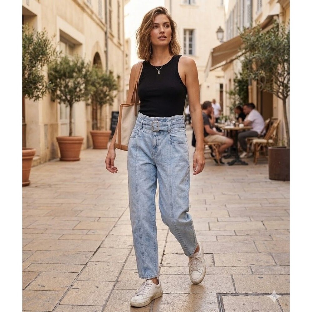 Madewell Womans 23 Belted Baggy Tapered Jeans Light Indigo High Rise Pleated